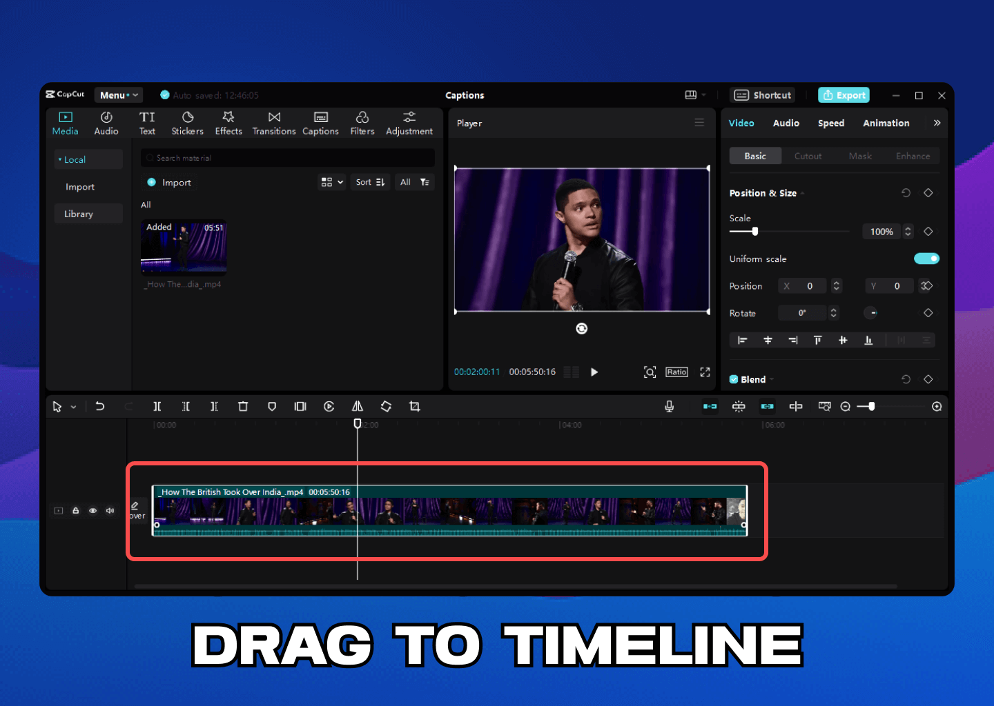 Drag To Timeline - add captions in capcut