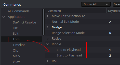 "trim" shortcut of davinci resolve studio 