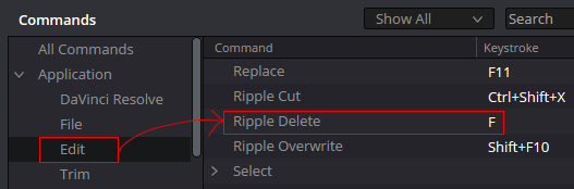 ripple delete shortcut option in davinci resolve studio 