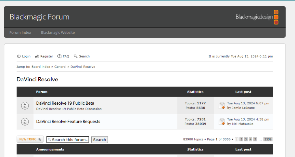 Picture of offical forum site of Davinci Resolve Studio 19 