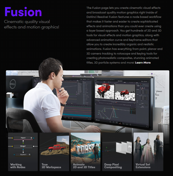 a boy working on davinci resolve fusion tab