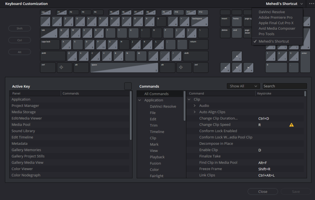 davinci resolve customization keyboard shortcut