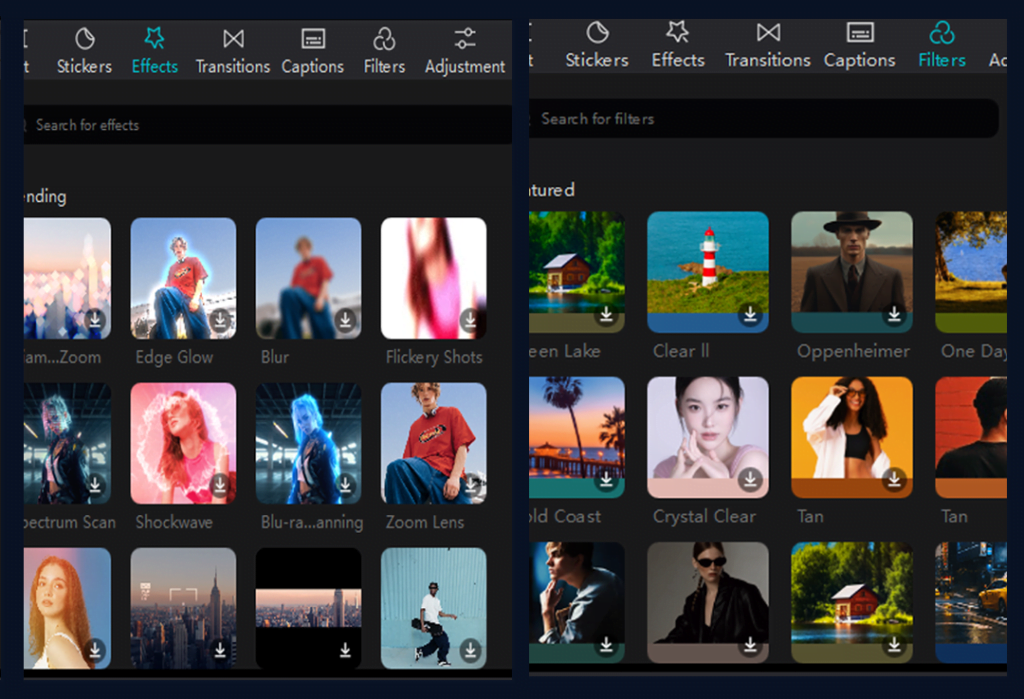 capcut effects and filters section 