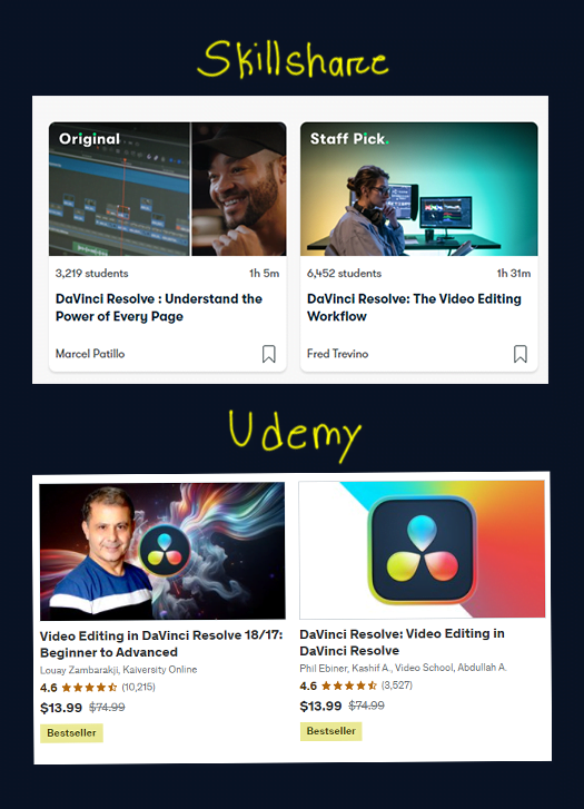 Udemay and skillshare paid course about Davinci Resolve Studio 19 
