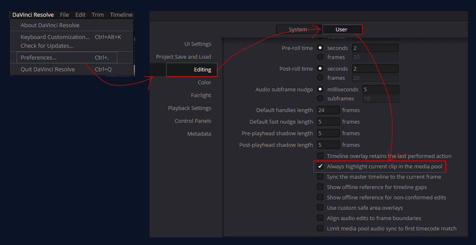 enbaling the "always highlight current clip in the medai pool" in davinci resolve studio preferences option 