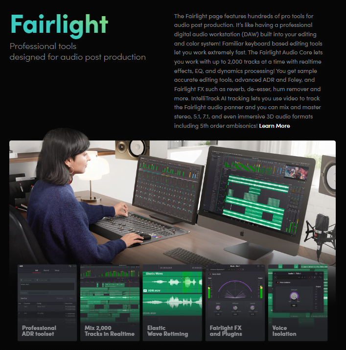 a girl working on davinci resolve fairlight tab