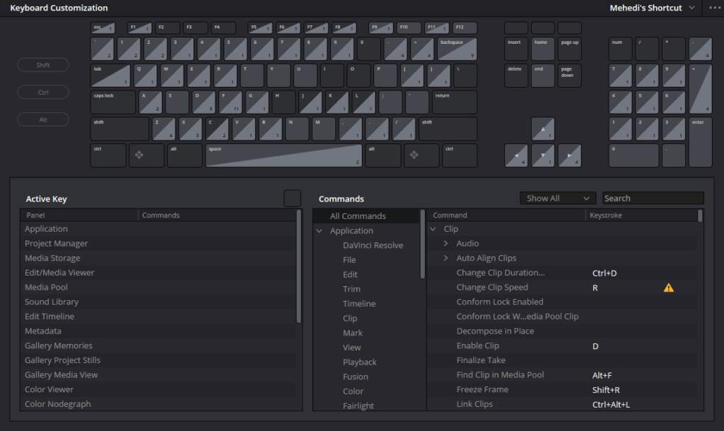 customised shortcut keyboard of davinci resolve 19 